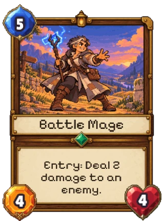 Battle Mage, an Uncommon Neutral creature: 5 mana, 4 attack, 4 health. Entry: deal 2 damage to an enemy.