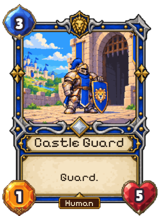 Castle Guard, a Kingdom creature card: 3 mana, 1 attack, 5 health, Guard.