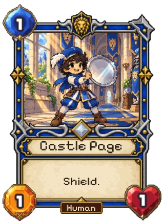 Castle Page, a Kingdom Common: 1 mana, 1 attack, 1 health. Shield.