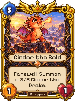 Cinder the Bold, a Dragon Legendary: 5 mana, 1 attack, 1 health. Farewell: summon a 2/3 Cinder the Drake.