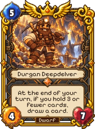 Durgan Deepdelver, a Dwarf Legendary: 5 mana, 4 attack, 7 health. At the end of your turn, if you hold 3 or fewer cards, draw a card.
