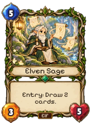 Elven Sage, an Uncommon Elf creature: 5 mana, 3 attack, 5 health. Entry: draw 2 cards.