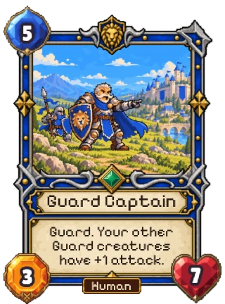 Guard Captain, an Uncommon Kingdom creature: 5 mana, 3 attack, 7 health. Guard. Your other Guard creatures have +1 attack.
