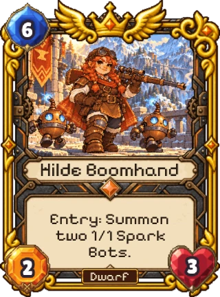 Hilde Boomhand, a Dwarf Legendary: 6 mana, 2 attack, 3 health. Entry: summon two 1/1 Spark Bots.