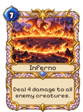 Inferno, a Rare Dragon spell: 7 mana. Deal 4 damage to all enemy creatures.