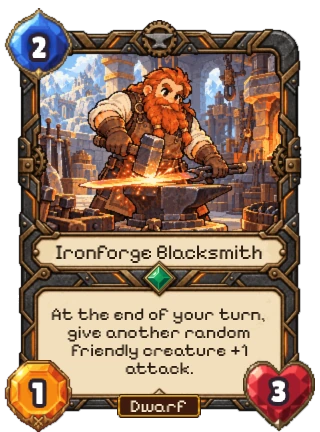Ironforge Blacksmith, an Uncommon Dwarf creature: 2 mana, 1 attack, 3 health. At the end of your turn, give another random friendly creature +1 attack.