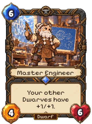 Master Engineer, a Rare Dwarf creature: 6 mana, 4 attack, 6 health. Your other Dwarves have +1/+1.