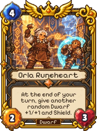 Orla Runeheart, a Dwarf Legendary: 4 mana, 2 attack, 3 health. At the end of your turn, give another random Dwarf +1/+1 and Shield.