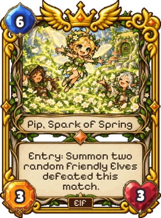 Pip, Spark of Spring, an Elf Legendary: 6 mana, 3 attack, 3 health. Entry: summon two random friendly Elves defeated this match.