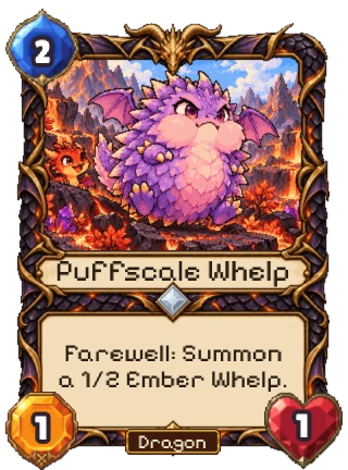 Puffscale Whelp, a Dragon Common: 2 mana, 1 attack, 1 health. Farewell: summon a 1/2 Ember Whelp.