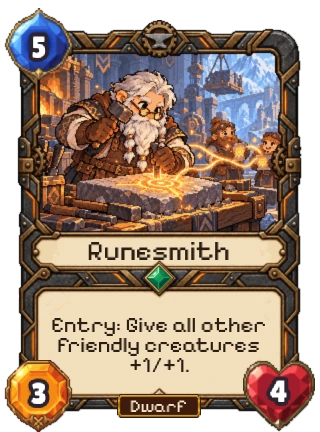 Runesmith, an Uncommon Dwarf creature: 5 mana, 3 attack, 4 health. Entry: give all other friendly creatures +1/+1.
