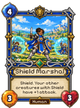 Shield Marshal, a Kingdom Uncommon: 4 mana, 3 attack, 3 health. Shield. Your other creatures with Shield have +1 attack.