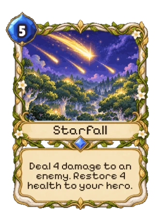 Starfall, a Rare Elf spell: 5 mana. Deal 4 damage to an enemy. Restore 4 health to your hero.