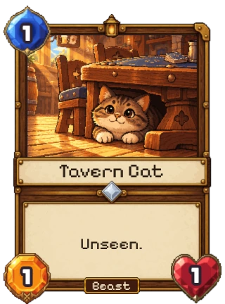 Tavern Cat, a Neutral Common: 1 mana, 1 attack, 1 health. Unseen.