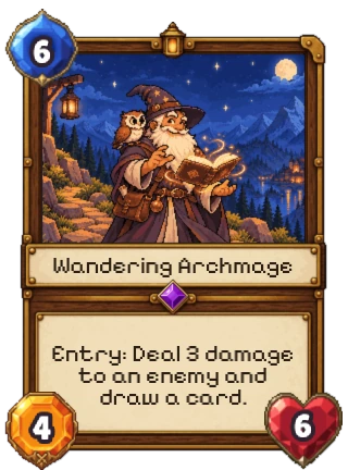 Wandering Archmage, an Epic Neutral creature: 6 mana, 4 attack, 6 health. Entry: deal 3 damage to an enemy and draw a card.