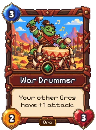 War Drummer, an Uncommon Orc creature: 3 mana, 2 attack, 3 health. Your other Orcs have +1 attack.