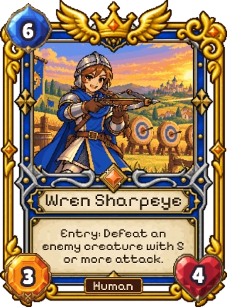 Wren Sharpeye, a Kingdom Legendary: 6 mana, 3 attack, 4 health. Entry: defeat an enemy creature with 5 or more attack.
