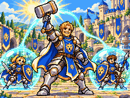 Aldric the Steadfast, a knight raising a glowing hammer as shields of light form around his soldiers.
