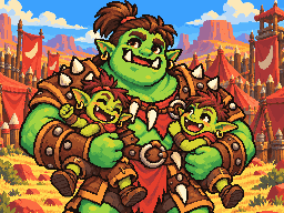 Mog the Big-Hearted, a huge smiling ogre carrying two little goblins, in the Badlands.