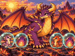 Vyrna, Mother of Broods, a great purple dragon spreading her wings over glowing eggs.