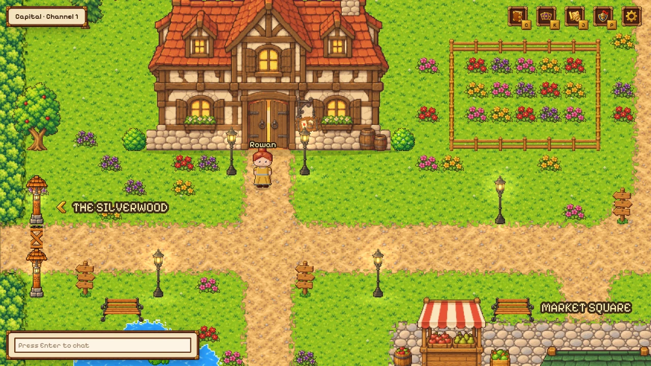 A player in front of the tavern in the capital, between lamp posts and flower beds, with a signpost to the Silverwood.