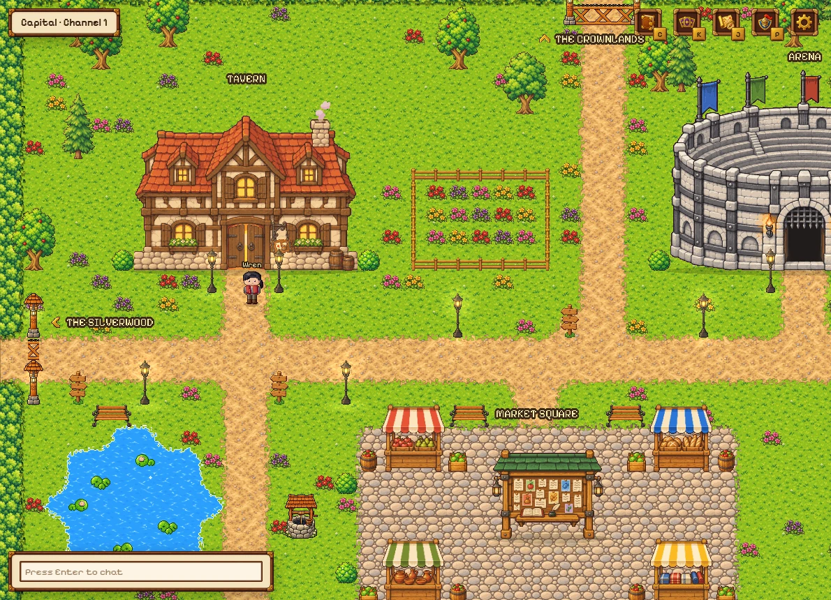 The capital seen from above in the game: the tavern with its red roof, the round stone arena, the Market Square with its stalls and the Market Board, a pond and the roads out of town.