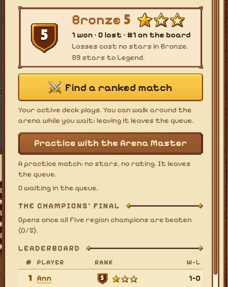 The arena's board in the game: the player at Bronze 5 with one star, a Find a ranked match button, a practice match with the Arena Master, and the leaderboard with the player in first place.