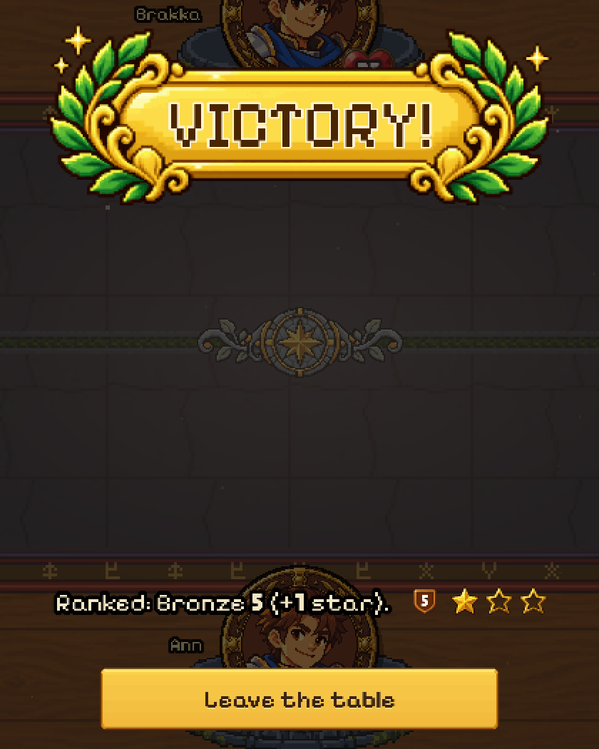 A ranked win: a golden VICTORY banner over the table and the line Ranked: Bronze 5, plus one star.