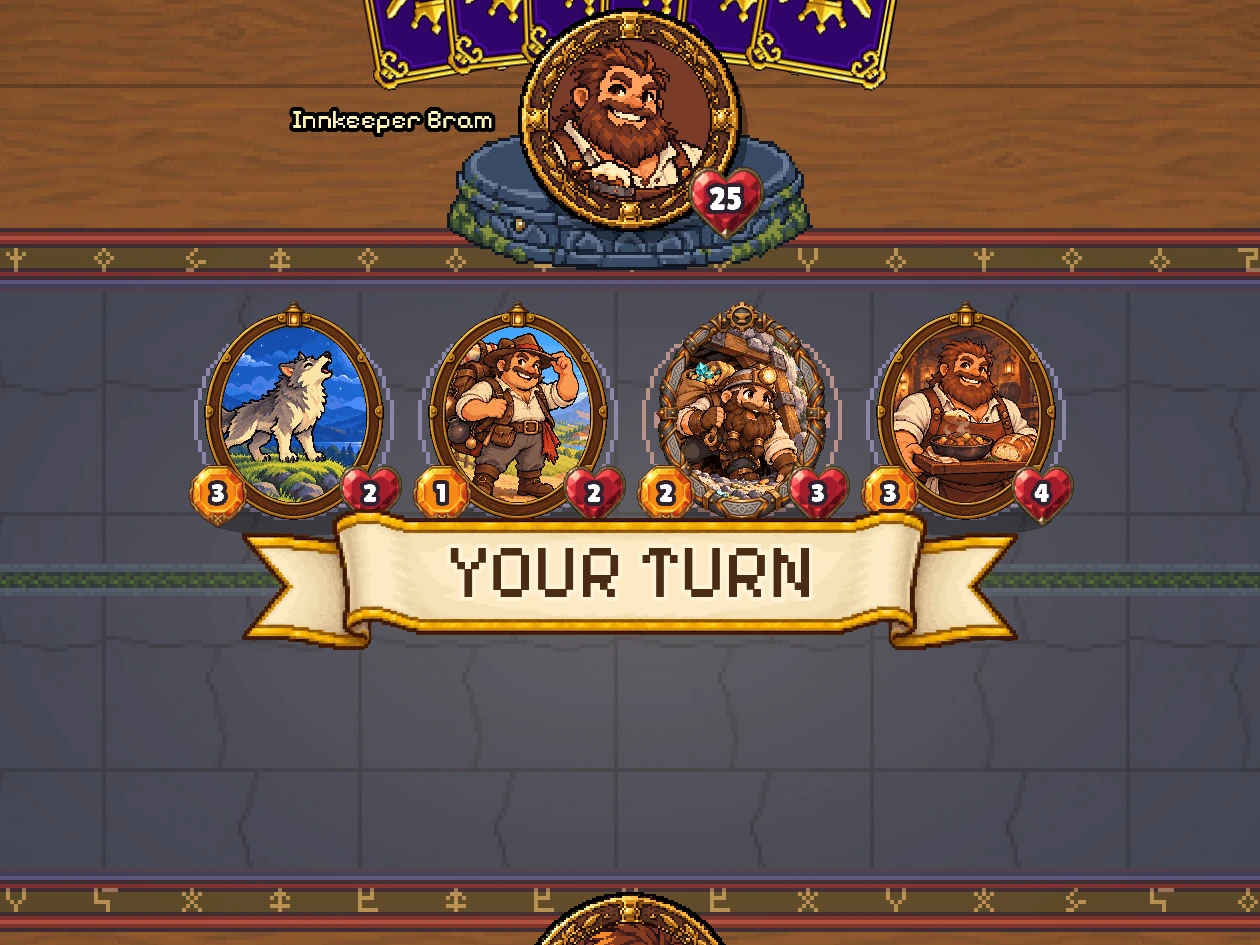 A match at a tavern table: Innkeeper Bram's four creatures on the board, a YOUR TURN banner, and the player's hero below.