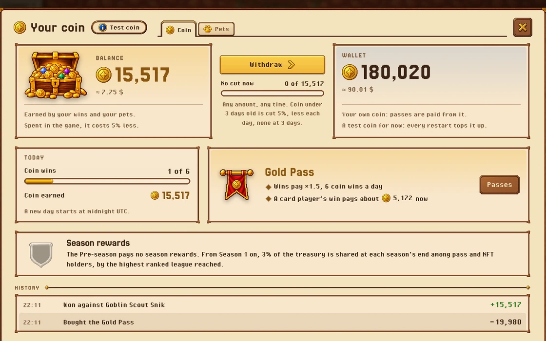 The coin window in the game: the balance beside the treasury's hoard, the Withdraw button, the wallet, today's coin wins, the Gold Pass and the history of the coin.