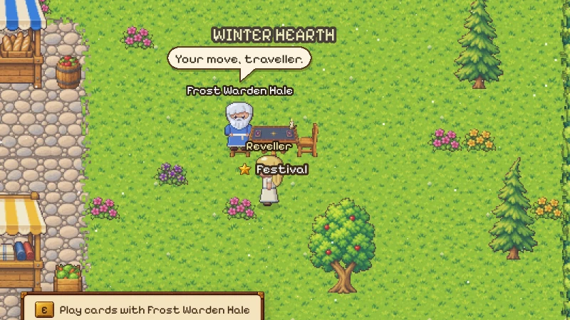 Winter Hearth in the capital during a test: snow falling on the grass by the Market Square, a WINTER HEARTH sign, and Frost Warden Hale at his card table saying: Your move, traveller.