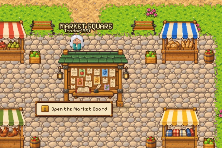 The Market Square in the game: striped stalls of fruit, bread, pottery and books on the cobbles, and the Market Board in the middle with a prompt to open it.