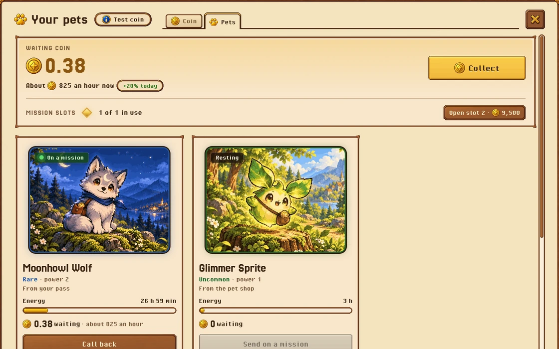 The Pets tab in the game: the coin waiting to be collected with a Collect button, the mission slots, Moonhowl Wolf on a mission and Glimmer Sprite resting, each with its energy bar.