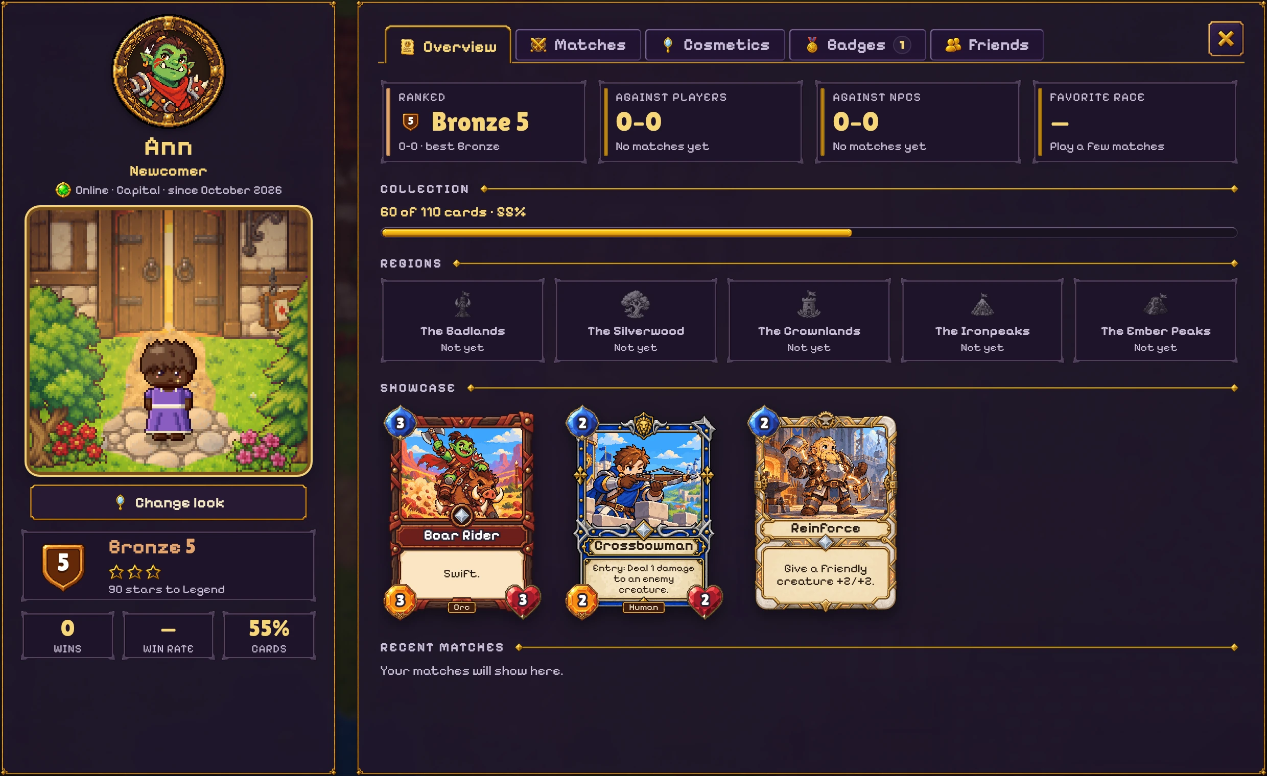 A player's profile in the game's dark look: her character, Bronze 5, her records against players and NPCs, her collection, the five regions to conquer and three showcase cards.