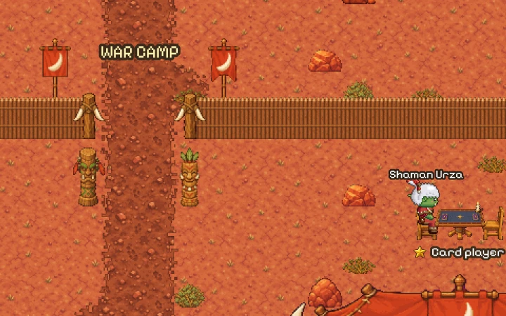 The Badlands in the game: the gate of the Orcs' war camp under red banners, Shaman Urza at a card table, and the Warchief's tent.