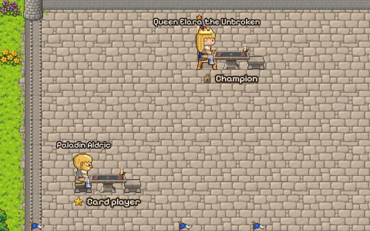 The Crownlands in the game: the stone courtyard of the Royal Keep, with Queen Elara the Unbroken and Paladin Aldric at their card tables.