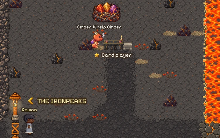 The Ember Peaks in the game: Ember Whelp Cinder at a card table below a nest of dragon eggs, the road in from the Ironpeaks, and a river of lava.
