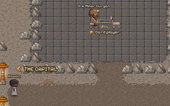 The Ironpeaks in the game: the paved floor of a dwarven hall with Ore Miner Durgan at a card table, and boulders along the road in from the capital.