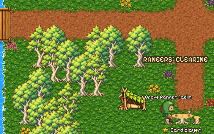 The Silverwood in the game: pale-barked trees by the road from the river's bridge, and Grove Ranger Faelin at a card table beside a leaf shelter in the Rangers' Clearing.