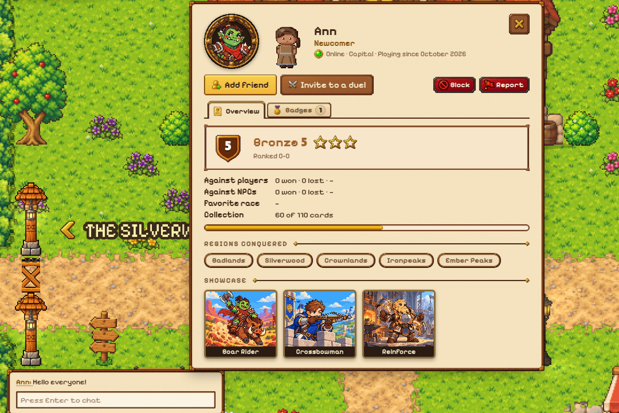 Another player's profile opened in the capital: her rank, her record, the regions she conquered and her three showcase cards, with buttons to add her as a friend or invite her to a duel.