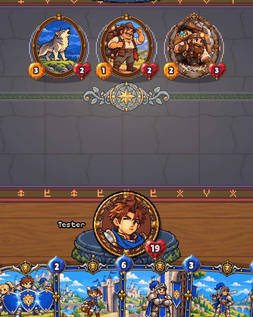 The board: three of Bram's creatures facing the player's hero and hand of Kingdom cards.