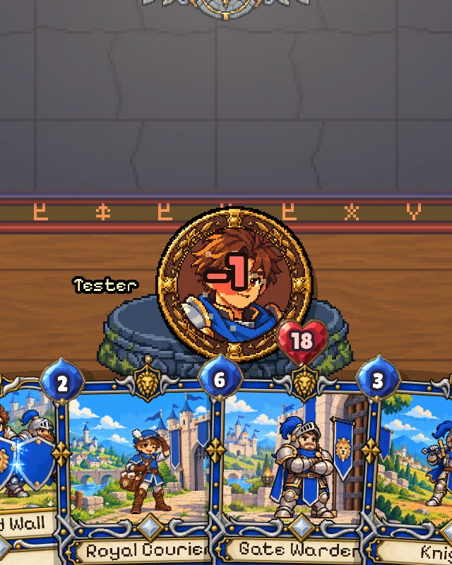 The player's hero taking 1 damage, down to 18 health, above a hand of Kingdom cards.