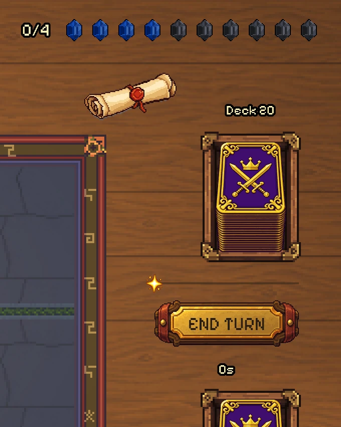 The right side of the table: a row of blue mana crystals, the deck, and the End turn button.