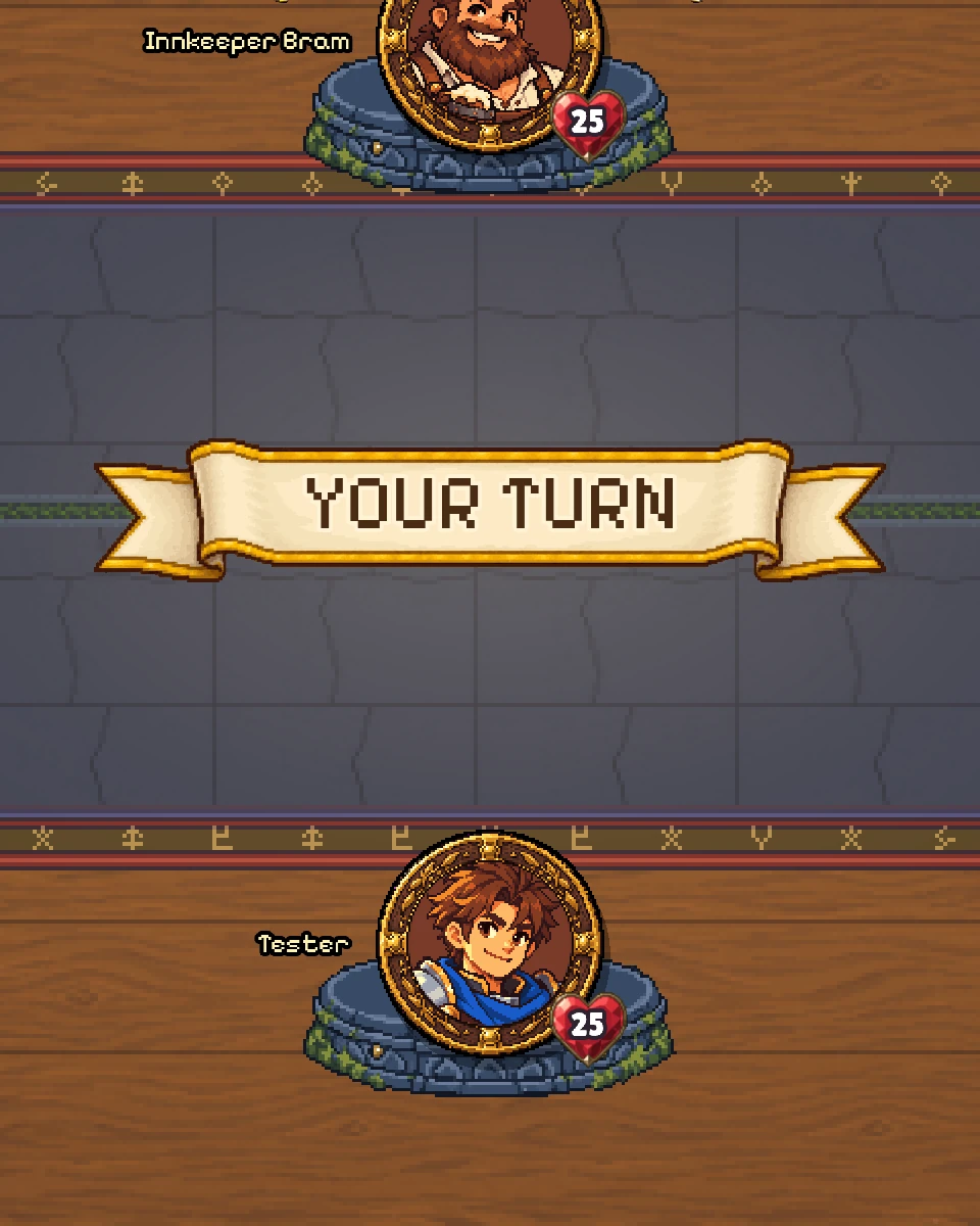 A YOUR TURN banner across the empty board, between Innkeeper Bram and the player.