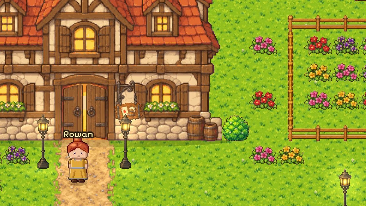 A player standing at the tavern's door in the capital, between lamp posts and flower beds.