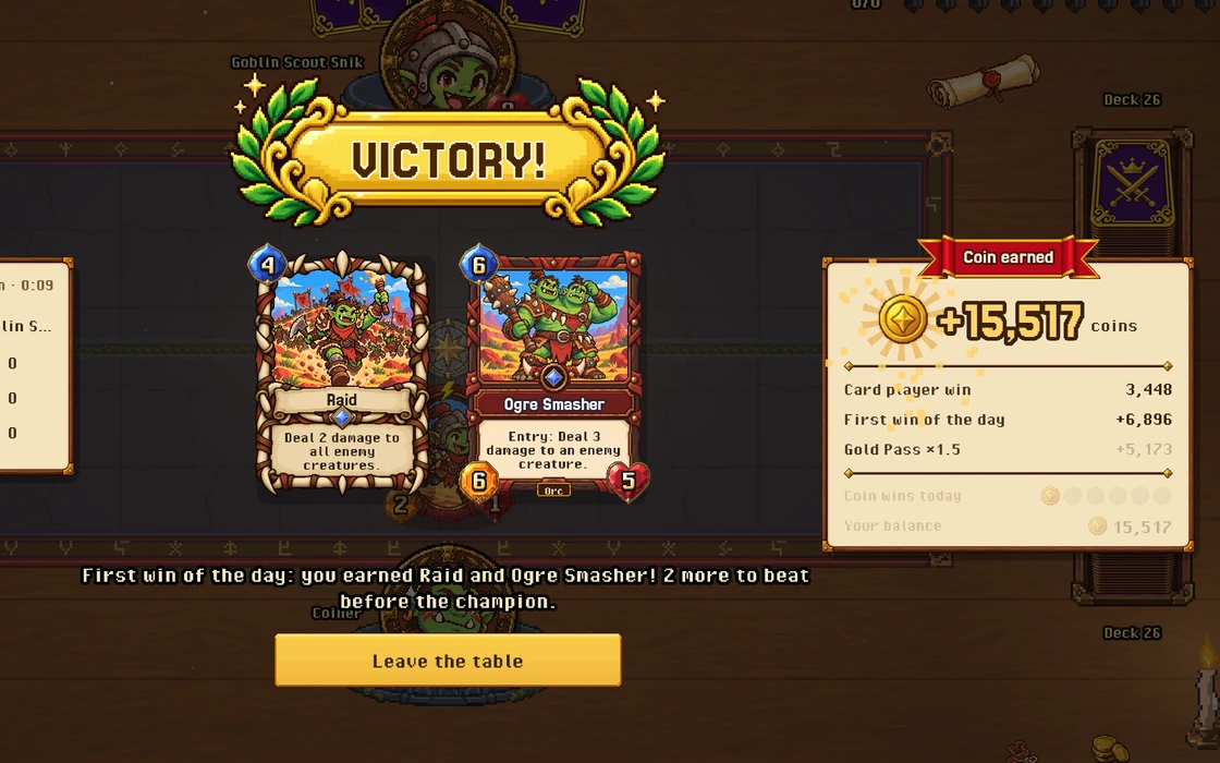 A win's result screen in the game: the VICTORY banner, the two cards won, and the coin the win paid, part by part: the card player's win, the day's first win and what the Gold Pass added.