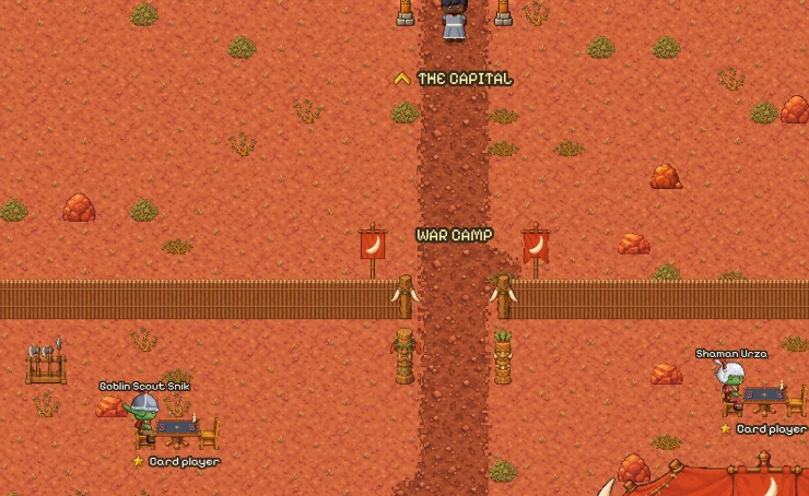 The Badlands in the game: the road in from the capital, the war camp's palisade with red banners, Goblin Scout Snik and Shaman Urza at their card tables, and the edge of the Warchief's tent.