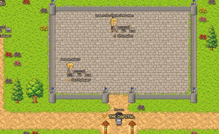 The Crownlands in the game: the Royal Keep's stone courtyard with Queen Elara the Unbroken and Paladin Aldric at their card tables, and the road in from the capital at its gate.
