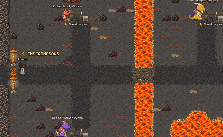 The Ember Peaks in the game: dark rock split by a river of lava with stone causeways, and Ember Whelp Cinder, Elder Dragon Morvax and Brood Mother Vyrna at their card tables.