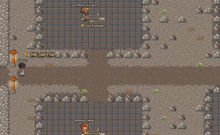 The Ironpeaks in the game: paved dwarven halls cut into grey rock, boulders along the road in from the capital, and Ore Miner Durgan and Rifleman Hilde at their card tables.